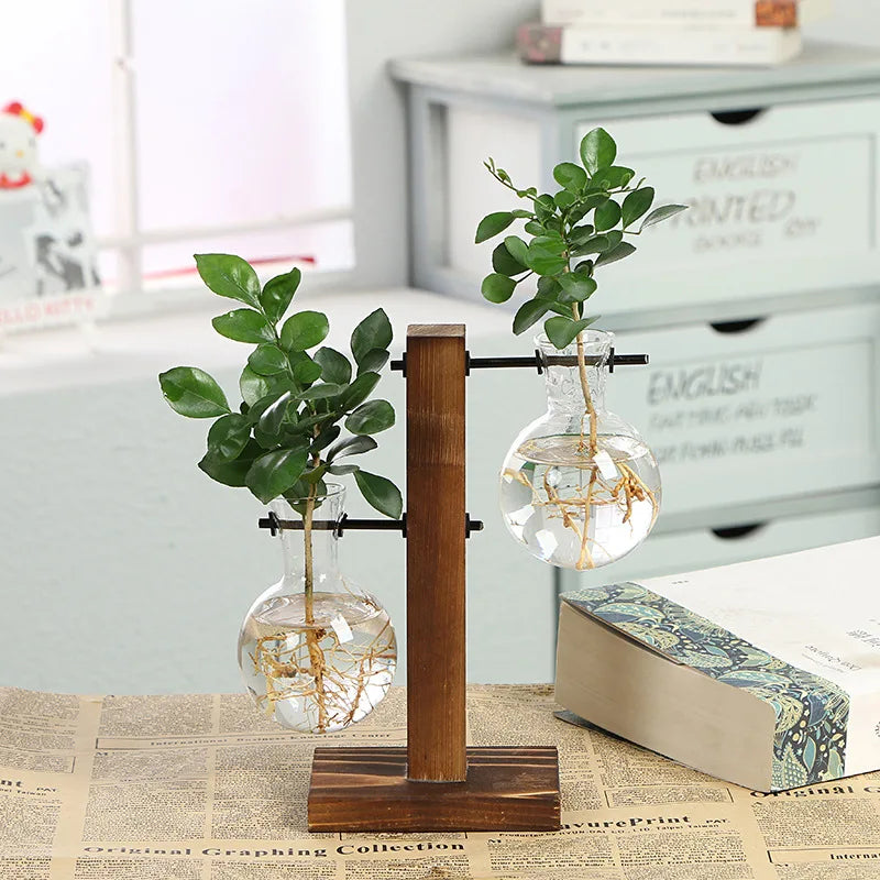 Wooden Frame Hydroponic Glass Vase